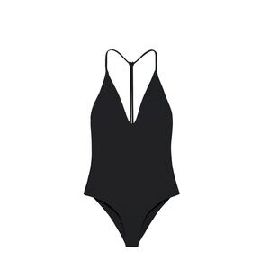 Black one piece swimsuit.  Cheeky bottom.